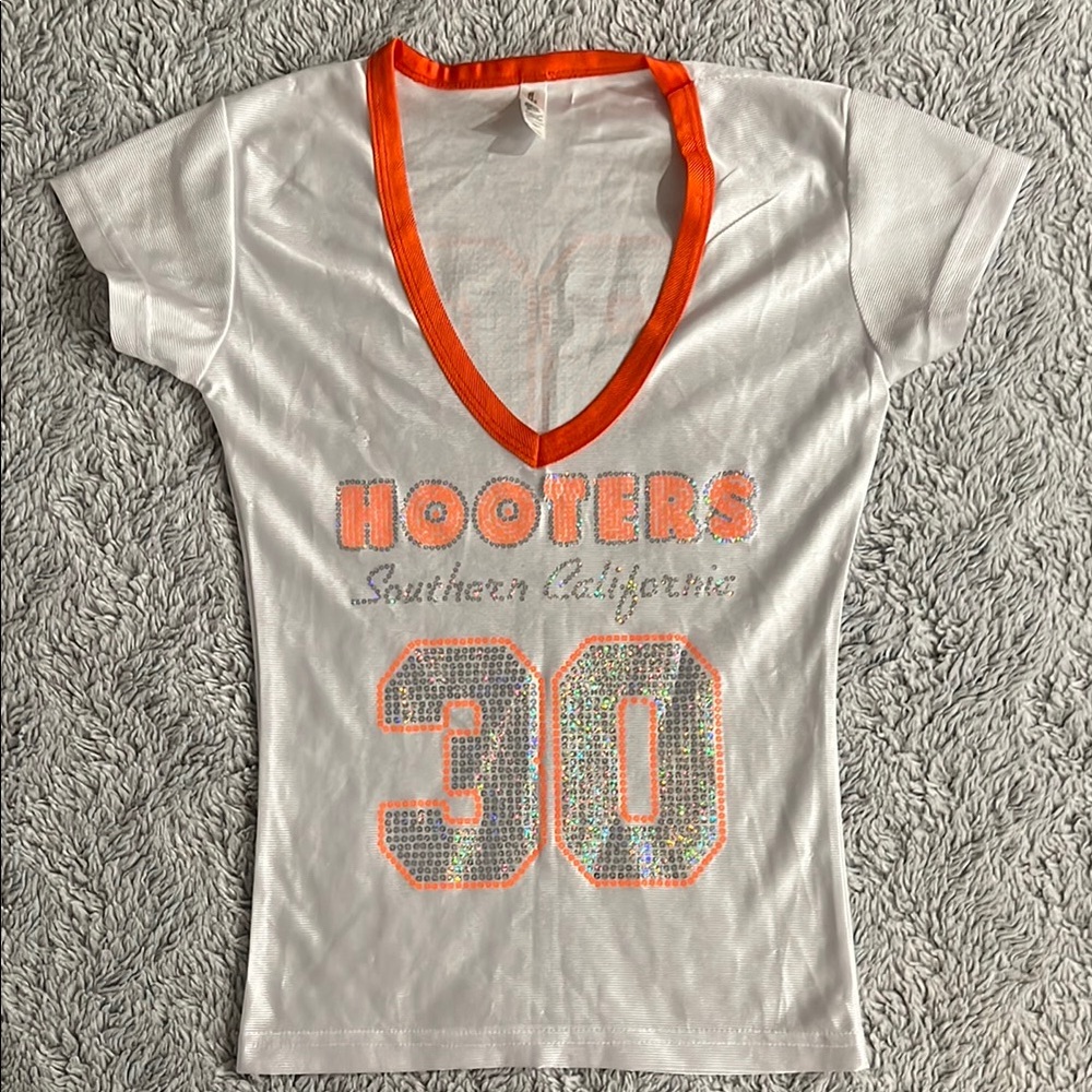 Hooters White Tee with Orange and Silver Accents Collectors. SoCal